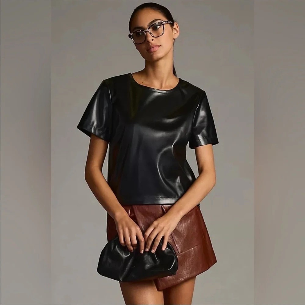 Porridge Anthropologie Faux Leather Short Sleeve Side Zip Top Black Medium NEW